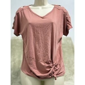 Absolutely Famous Women's Lace Shoulder Tie Hem Knot button Rose Top Blouse sz S